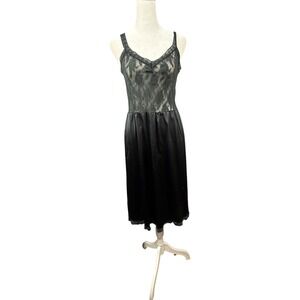 Vintage Vanity Fair Slip Dress Medium Black Lace Full Midi Lingerie USA Made